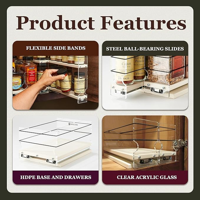 Vertical Spice Cabinet Mounted Spice Rack Organizer - 3 Drawers,15 Reg. or 30 Half Sized Spice Jars - Pantry Organizers & Storage - Pullout Shelf for Kitchen Cupboard (6.9"W x 5.0''H x 10.6"D, Cream)