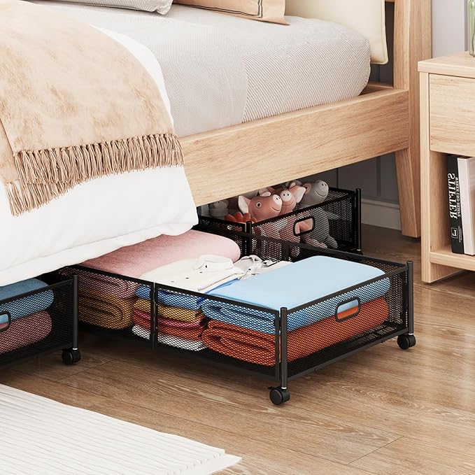 Gawerk Under Bed Storage with Wheels, Foldable Metal Mesh Underbed Storage Container Bins, Tool-free Assembly Clothes Drawer Organizer, 2Pack