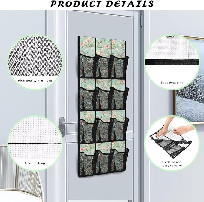 Hummingbird Flower Over the Door Shoe Organizer 12 Large Pockets Hanging Shoe Rack for Closet Foldable Shoe Storage Organizer Sock Organizer