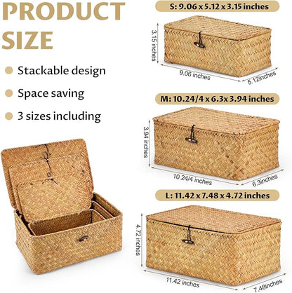 3Pcs Wicker Storage Baskets with Lid, Handwoven Seagrass Basket Bins Decorative Storage Rectangular Boxes for Shelves Desktop Home Organizer