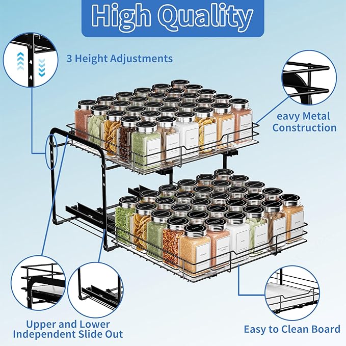BOIVSHI 2-Tier Pull Out Spice Rack, Spice Rack Organizer, Pull Out Spice Racks for Inside Cabinets, Height Adjustable Heavy Duty Metal Basket for Inside Cabinet & Pantry (13.5''Wx10.5''Dx9.5''H)