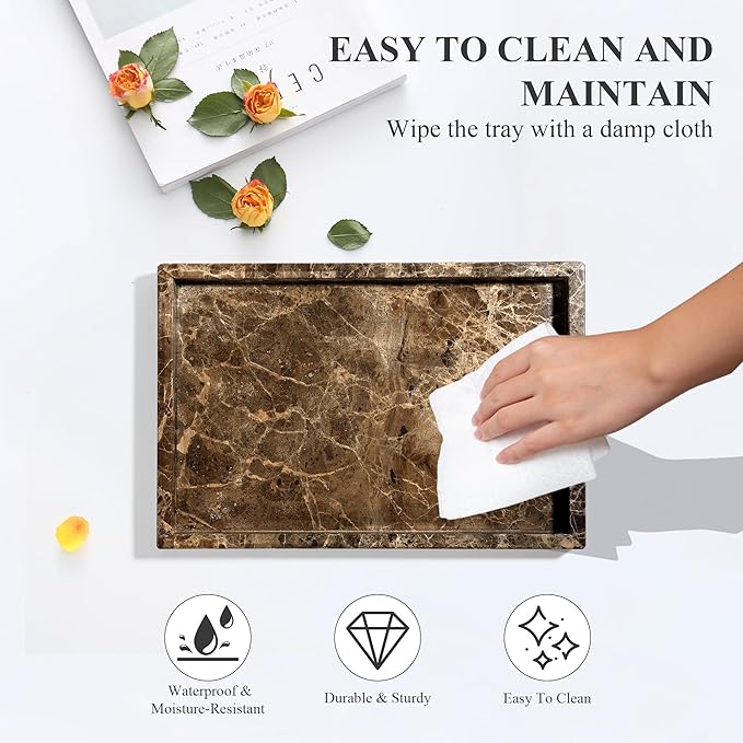 YMXYJM Real Natural Marble Tray for Bathroom, Genuine Marble Stone Vanity Tray, Luxury Storage Trays for Kitchen, Vanity, Home Decor, Dresser, Non-Resin/Non-Ceramic, 12"x 8"x 1.2", Dark Brown