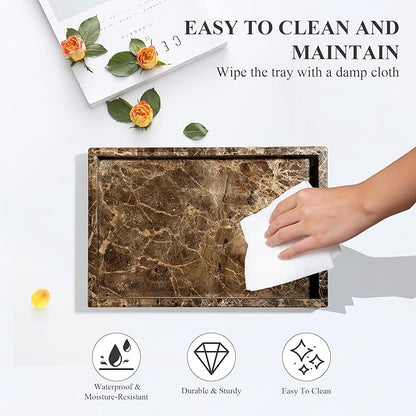 YMXYJM Real Natural Marble Tray for Bathroom, Genuine Marble Stone Vanity Tray, Luxury Storage Trays for Kitchen, Vanity, Home Decor, Dresser, Non-Resin/Non-Ceramic, 12"x 8"x 1.2", Dark Brown