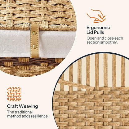 HOOBRO Storage Basket with Lid, 52.8 Gallon (200L) Wicker Storage Basket with 2 Separate Lid, Blanket Storage Bin with 2 Removable Liner Bags, for Bedroom, Laundry, Natural and Brown NL277CW01