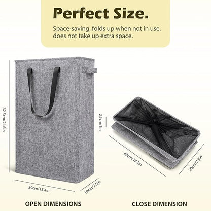Odonata Slim Laundry Hamper Handles Collapsible Laundry Basket Thin Dirty Clothes Basket Narrow Laundry Bag Foldable Dirty Hamper 45L (Heather Grey)