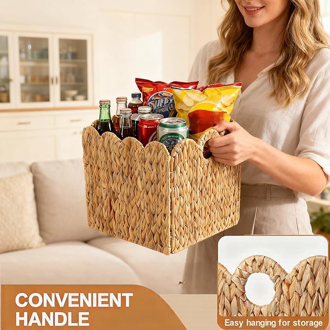 Scalloped Wicker Storage Cubes Basket, 12”x12“ Heavy Duty Paper rope/Hyacinth/Seagrass Baskets for Shelves, Foldable Natural Boho Square Bins (Water Hyacinth&12 x 12 x 12in&4-Pack)