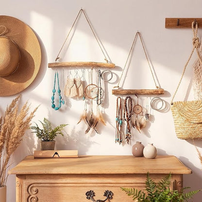 Yinkin 2 Pcs Natural Driftwood Jewelry Hanger Wall Driftwood for Crafts with Hooks 15.75 Inch 9.84 Inch Boho Wall Jewelry Shelf for Home Walls Shop Window Display