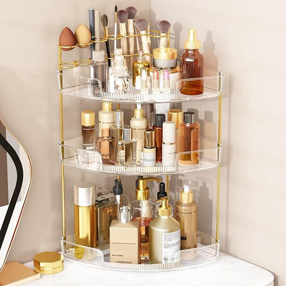 FELIZHOUSE 3-Tier Makeup Organizer for Vanity & Bathroom Countertop – Acrylic Storage Shelf with Perfume Tray & Makeup Brush Holder, Tool-Free Installation, Design for Bathroom & Dresser - Clear