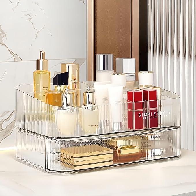 Clear Makeup Organizer for Vanity, Large Desk Organizer with Stackable Drawer for Cosmetics, Skincare, Lipsticks, Palette, Nail Care, Ideal Storage for Dresser and Bathroom Countertop