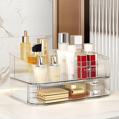 Clear Makeup Organizer for Vanity, Large Desk Organizer with Stackable Drawer for Cosmetics, Skincare, Lipsticks, Palette, Nail Care, Ideal Storage for Dresser and Bathroom Countertop
