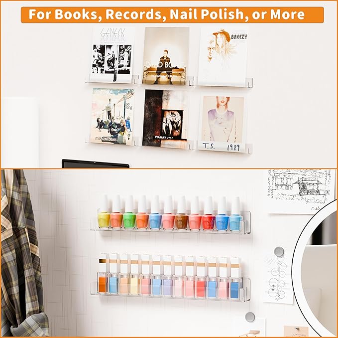 Cq acrylic Nail Polish Wall Rack,15 Inch 2 Pack Hanging Clear Acrylic Nail Polish Rack Wall Mounted Shelf for Nail Salon Wall Essential Oil Shelf,Gel Fingernail Polish Holder,Tattoo Studio Decor Paint
