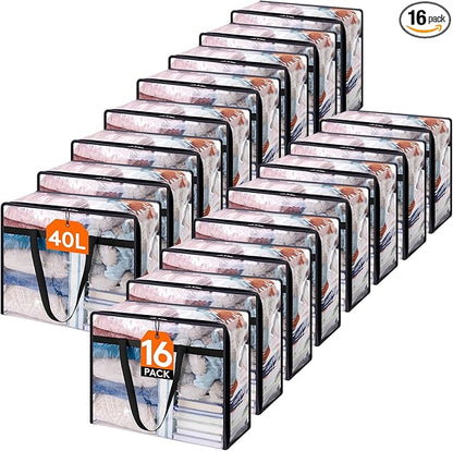 Lifewit 16 Pack Clear Clothes Storage Bags, 40L Plastic Blanket Storage Bag, Vinyl Foldable Moving Bags with Zipper, Closet Organizers and Storage Containers for Bedding, Duvet, Comforter