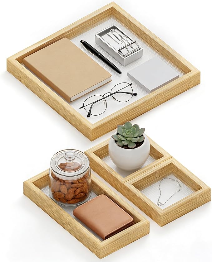 Small Bathroom Countertop Tray Set of 4 for Vanity and Toilet Tank, Stackable Desk Drawer Organizer, Wood Color