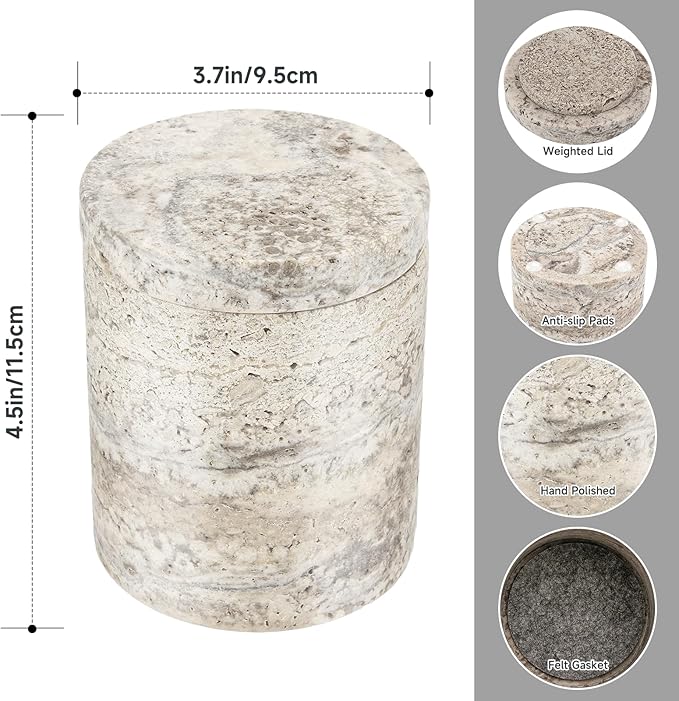 Natural Marble Canister, Cotton Swab Holder with Lid, High Capacity Bathroom Qtip Holder Storage for Cotton Swab, Floss Picks, Makeup Pad, Bath Salt, Gray Travertine(NS017)