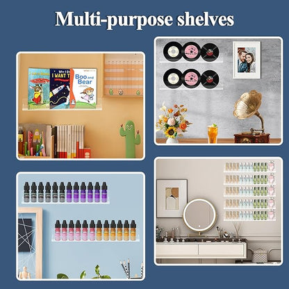 Nail Polish Shelf Wall 15 Inch Acrylic Clear Rack Sunglass Organizer Multi-Purpose Floating Shelves for Beauty Salons Retailer Dressing Room (9 PCs)