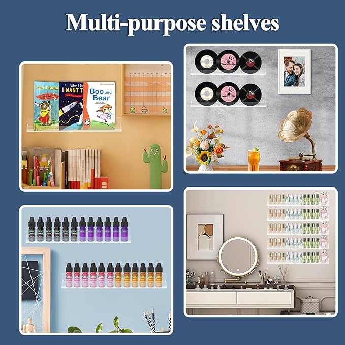 Nail Polish Shelf Wall Acrylic Clear 15 Inch Rack Sunglass Organizer Multi-Purpose Floating Shelves for Beauty Salons Retailer Dressing Room (6 PCs)