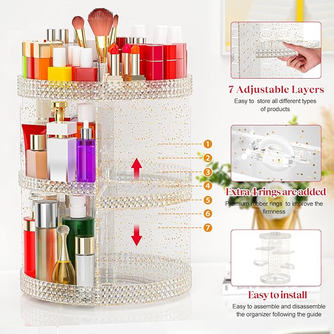 Awenia Makeup Organizer 360-Degree Rotating, Adjustable Makeup Storage, 7 Layers Large Capacity Cosmetic Storage Unit, Fits Different Types of Cosmetics and Accessories, Plus Size with Makeup Bag