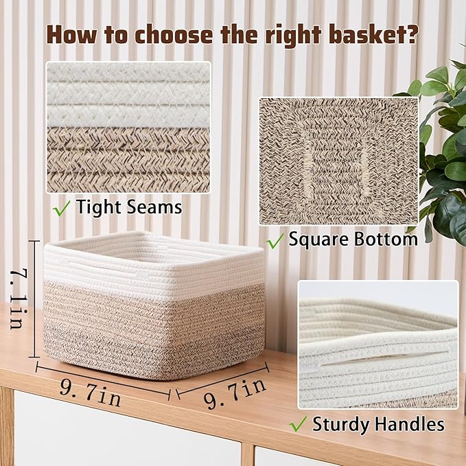 MiniArk Small Organizing Baskets for Cubes Shelf, 9.7x9.7x7.1 Inch Rope Woven Storage Bins for Nursery Shelves Storage, Cute Toy Basket, Square 3 Packs Gradient Brown