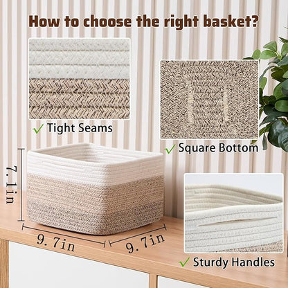 MiniArk Small Organizing Baskets for Cubes Shelf, 9.7x9.7x7.1 Inch Rope Woven Storage Bins for Nursery Shelves Storage, Cute Toy Basket, Square 3 Packs Gradient Brown