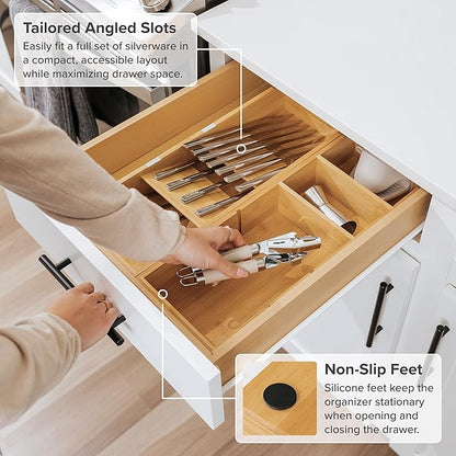 KitchenEdge Premium Silverware and Utensil Drawer Organizers – Slanted 3-Compartment and 5-Compartment Design, Labeled Slots, Non-Slip Feet, 100% Sustainable Bamboo, 2 Pack