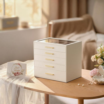 pickpiff Jewelry Box Organizer Case for Women: 5-Layer Jewelry Storage Case with Glass Window, Ivory Leather with Pink Velvet, Holder for Ring Necklace Bracelet Brooch Watch, Great Gift for Her