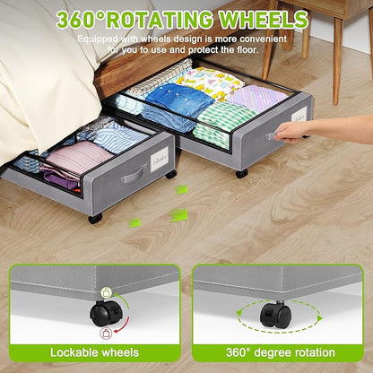 Tututry Under Bed Storage with Wheels, XXL 60L Under the Bed Storage Bins, Underbed Storage Containers with Lids & Label, Rolling Metal Drawer for Shoes, Clothes, Books, Toys (4-Pack Gray)