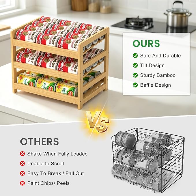 Bamboo Rolling Can Organizer for Pantry, Stackable 3 Tier Canned Food Storage Rack for Kitchen Can Storage Organizer Set with Can Opener & Hooks for Cabinet & Countertop, Holds up to 36 Cans