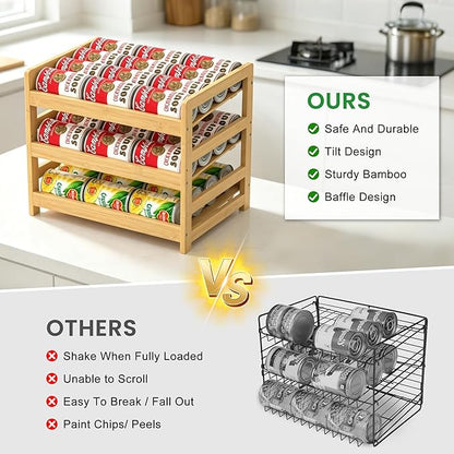 Bamboo Rolling Can Organizer for Pantry, Stackable 3 Tier Canned Food Storage Rack for Kitchen Can Storage Organizer Set with Can Opener & Hooks for Cabinet & Countertop, Holds up to 36 Cans