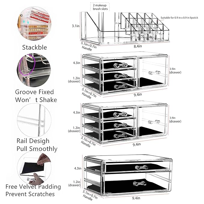 Cq Acrylic 4 Pack Clear Makeup Storage, Stackable 10 Drawer Organizer for Vanity, Jewelry, Hair Clip, Beauty & Skincare Products