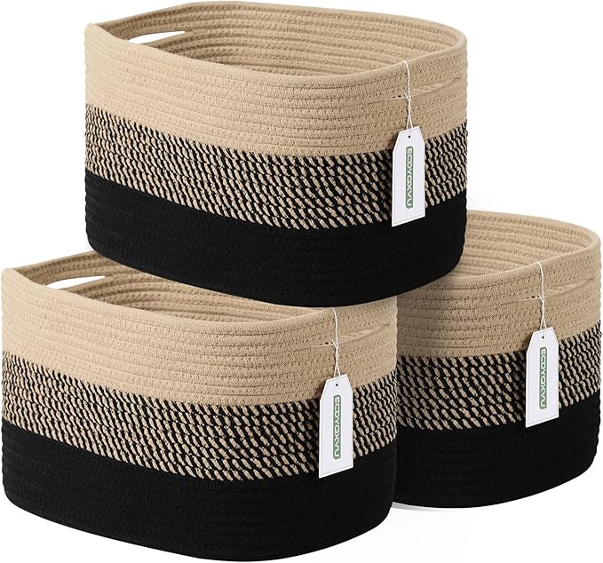 ECDYQXVU Cotton Rope Storage Basket, 15x10x9 Inches, Woven Basket for Shelves, Clothes, Towels, Books, and Laundry, Gradient Black/Brown (3 Pack)