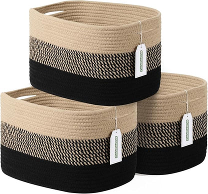 ECDYQXVU Cotton Rope Storage Basket, 15x10x9 Inches, Woven Basket for Shelves, Clothes, Towels, Books, and Laundry, Gradient Black/Brown (3 Pack)