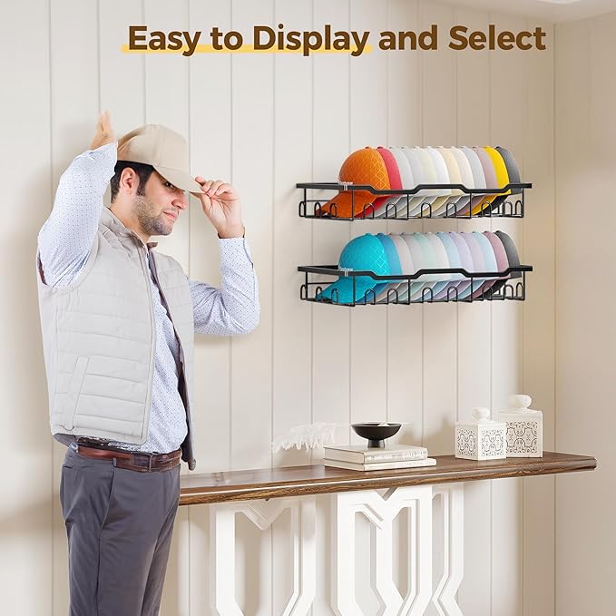 Nicetree Hat Rack for Wall - 2 Pack Metal Hat Organizer for Baseball Caps - Heavy Duty Wall Mounted Baseball Cap Organizer and Hat Storage for Closet Wall or Bedroom - Holds 48 Caps,Black