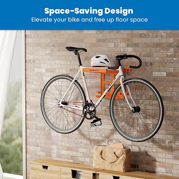 Mount-It! Bike Wall Mount Rack with Shelf and Hooks, Horizontal Indoor Bike Rack Garage Home, Space Saving Wall Mounted Hanger for a single Road, Mountain or other Bicycle with Extra Storage, Orange