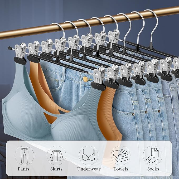 Clothes Pants Hangers with Wide Clips 50 Pack,Non-Slip Adjustable Skirt Hanger for Women,Space-Saving Heavy Duty Men Hangers for Pants,Trousers,Jeans,Shorts 12Inch Black