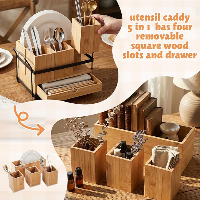 Qunclay Wooden Silverware Caddy with Drawer, Utensil Holder with 4 Compartments and Portable Handle, Removable Cutlery and Flatware Organizer for Forks, Spoons, Napkins, Kitchen Countertop