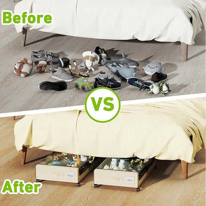 Tututry Under Bed Storage with Wheels, XXL 60L Under the Bed Storage Bins, Underbed Storage Containers with Lids & Label, Rolling Metal Drawer for Shoes, Clothes, Books, Toys (4-Pack Beige)