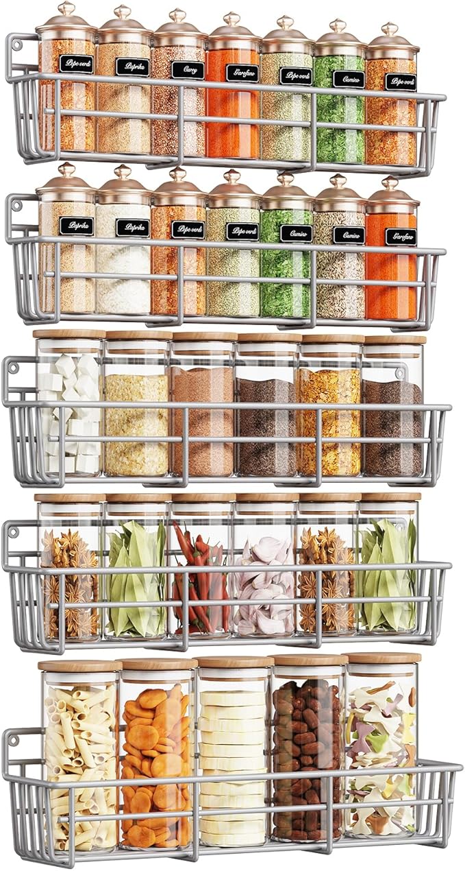 Mystozer 5 Pack Spice Rack Seasoning Organizer Wall Mount, Screw or Adhesive Hanging Shelf Basket Spice Organizer Pantry Organizers Shelf for Kitchen Spice Organization for Cabinet (Silver)