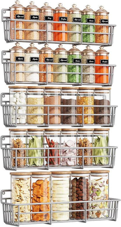 Mystozer 5 Pack Spice Rack Seasoning Organizer Wall Mount, Screw or Adhesive Hanging Shelf Basket Spice Organizer Pantry Organizers Shelf for Kitchen Spice Organization for Cabinet (Silver)