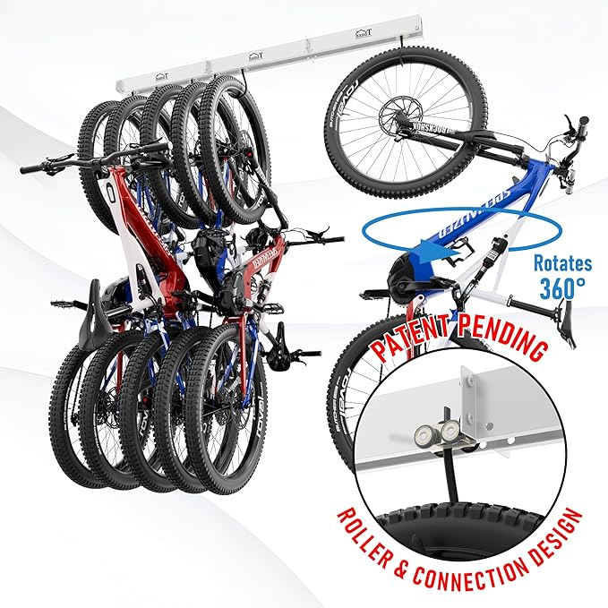 USA Based Ceiling Bike Rack Garage Storage Mount, Bicycle Hanger For Up To 6 Bikes, Sliding 51" Heavy Duty Hook Racks With Padded Hanging Mounts, Hooks Hangers (White, 3 Rails - 6 Hooks)