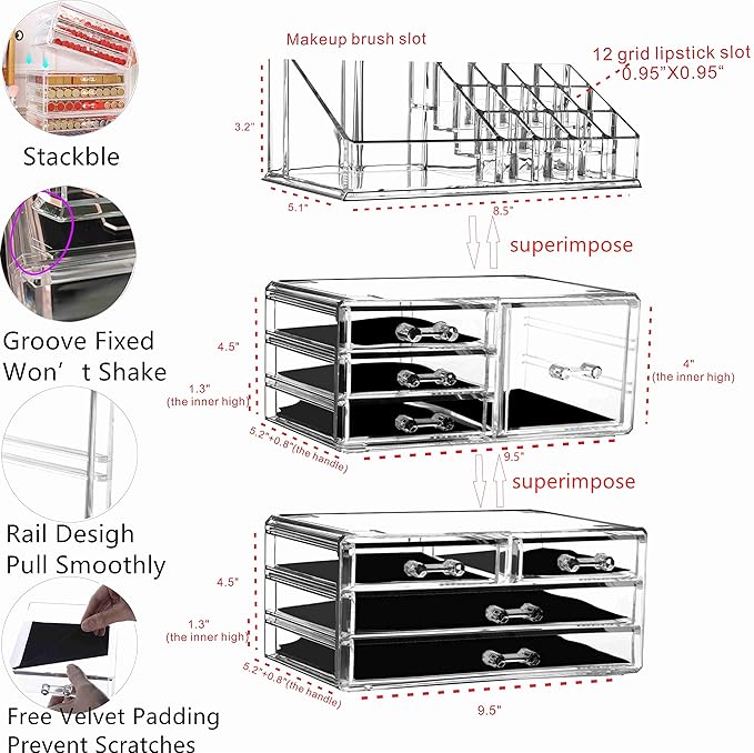 Cq acrylic 3 Pack Clear Makeup Organizer for Vanity,Countertop,Stackable 8 Drawers Cosmetic Storage for Hair Clip,Jewelry,Lipstick,Makeup Brush,Beauty Product Desk and Bathroom Skincare Organizers