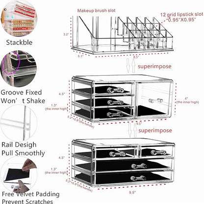 Cq acrylic 3 Pack Clear Makeup Organizer for Vanity,Countertop,Stackable 8 Drawers Cosmetic Storage for Hair Clip,Jewelry,Lipstick,Makeup Brush,Beauty Product Desk and Bathroom Skincare Organizers