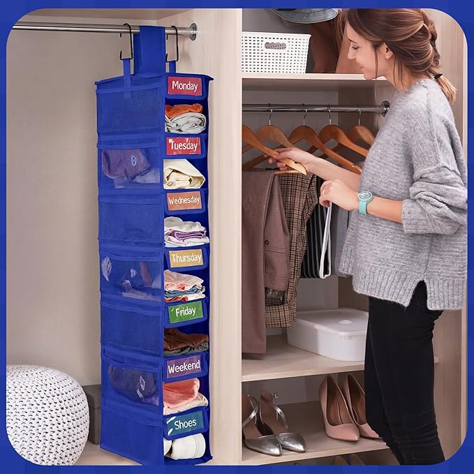 2 Pack 7 Shelf Weekly Clothes Organizer Hanging Closet for Kids with Side Pockets Weekday Shoes Rack Weekly Clothes Organizers Monday Through Weekend Foldable Storage Shelves (Dark Blue)