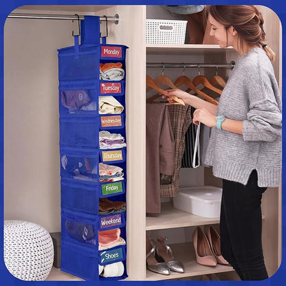 2 Pack 7 Shelf Weekly Clothes Organizer Hanging Closet for Kids with Side Pockets Weekday Shoes Rack Weekly Clothes Organizers Monday Through Weekend Foldable Storage Shelves (Dark Blue)