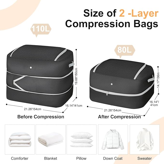 Comforter Storage Bag - 110L Large Capacity Blanket Storage Bags 2-Layer Ultra Space Saving Self Compression Organizer, Washable Compression Bags for Storage Comforter Blanket, 1-Pack, Black