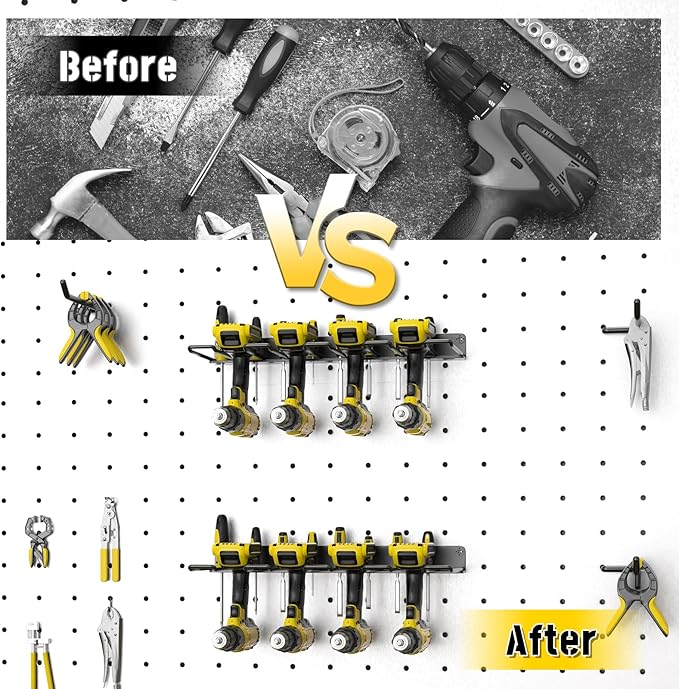 2 Pack Drill Holder Wall Mount, Power Tool Organizer, 4 Cordless Metal Drill Racks with Screwdriver Hole, Heavy Duty Garage Tool Organizer Storage Rack for Workshop Tool Room Basement