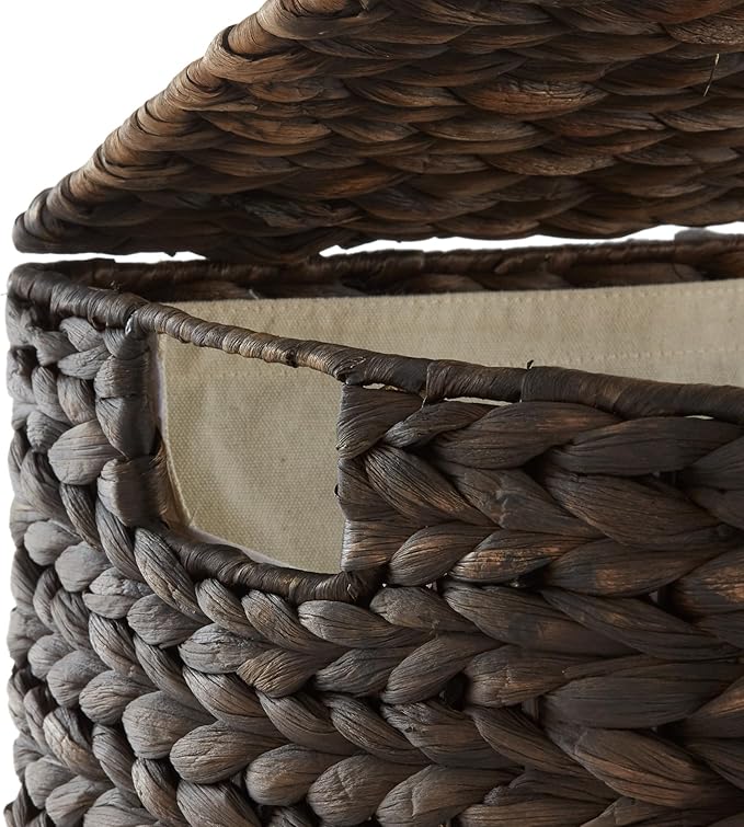 Casafield Half Moon Laundry Hamper with Lid and Removable Liner Bag - Espresso Dark Brown, Woven Water Hyacinth Laundry Basket for Clothes and Towels