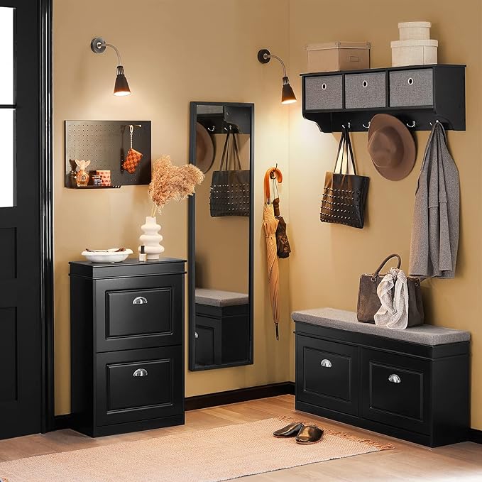 SoBuy Small Shoe Cabinet, Slim Shoe Rack 2 Flip-Drawers, Thin Shoe Storage Cupboard Organizer Unit for Entryway and Hallway, Black FSR78-SCH