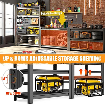 48"W*24"D Metal Garage Shelving, 5-Tier Heavy Duty Storage Shelves with Side Fences, Easy to Assemble, Adjustable, Steel Utility Shelf Rack for Warehouse, Pantry, Closet, Black, 73 Inches High