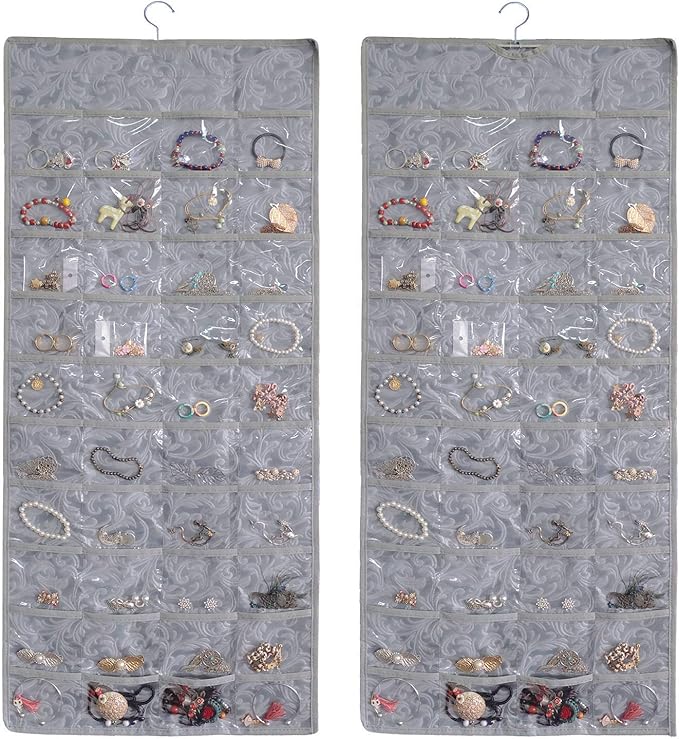 BB Brotrade Hanging Jewelry Organizer,Double Sided Jewelry Storage Organizer with Embossed Pattern,80 Clear PVC Pockets Organizer for Holding Jewelries (Grey)