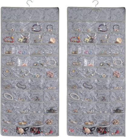 BB Brotrade Hanging Jewelry Organizer,Double Sided Jewelry Storage Organizer with Embossed Pattern,80 Clear PVC Pockets Organizer for Holding Jewelries (Grey)
